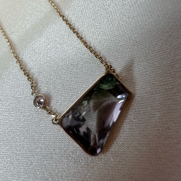Amazing Purple Green Tourmaline With A Diamond In Solid 14k Yellow Gold 18" - Picture 6 of 9